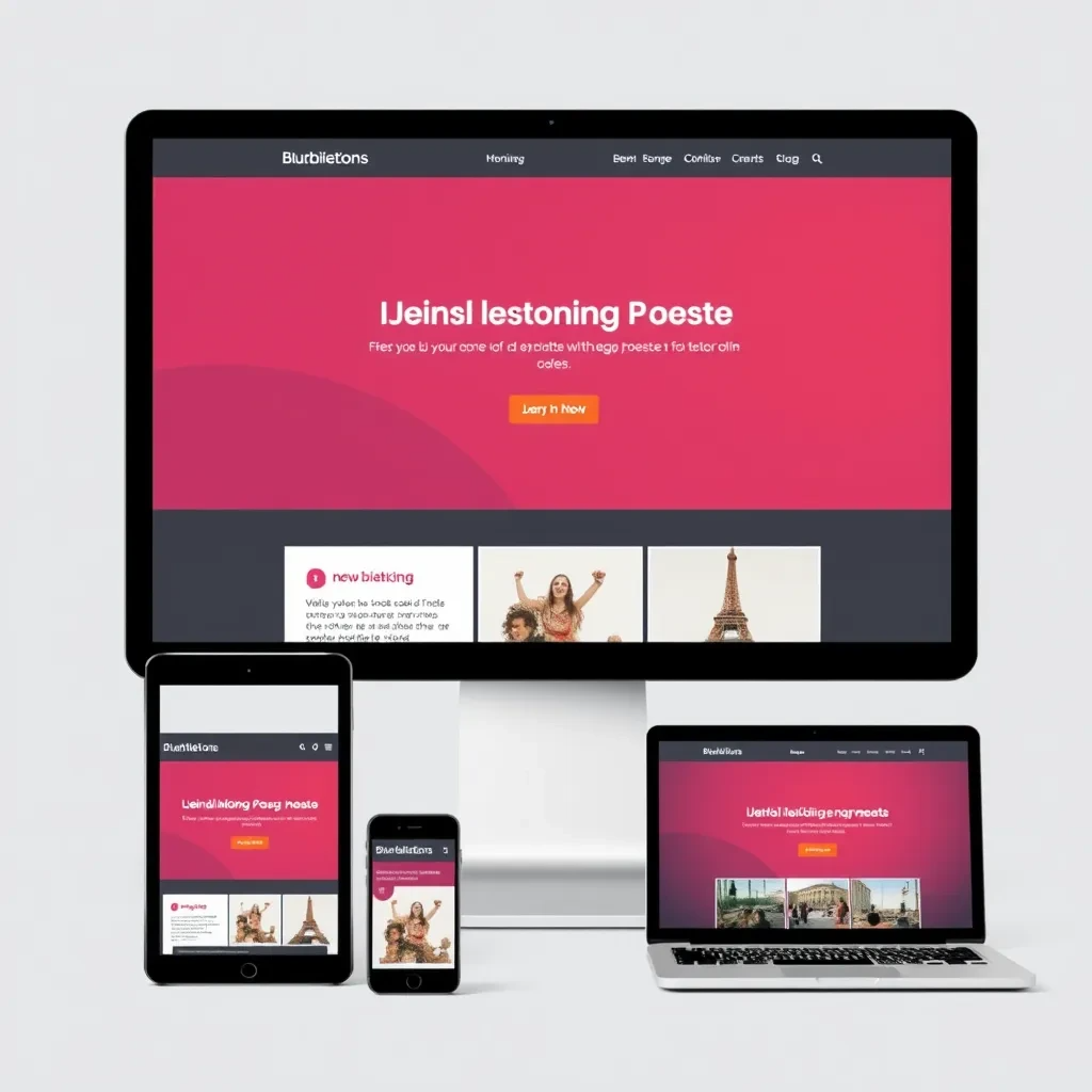 A split-screen image showing a website on a desktop computer and a mobile phone, both displaying the same content with an engaging layout and user interface. The website is sleek and modern, showcasing a product with clear call-to-actions. In the background, there's a vibrant and bustling cityscape, suggesting accessibility across various platforms and locations.